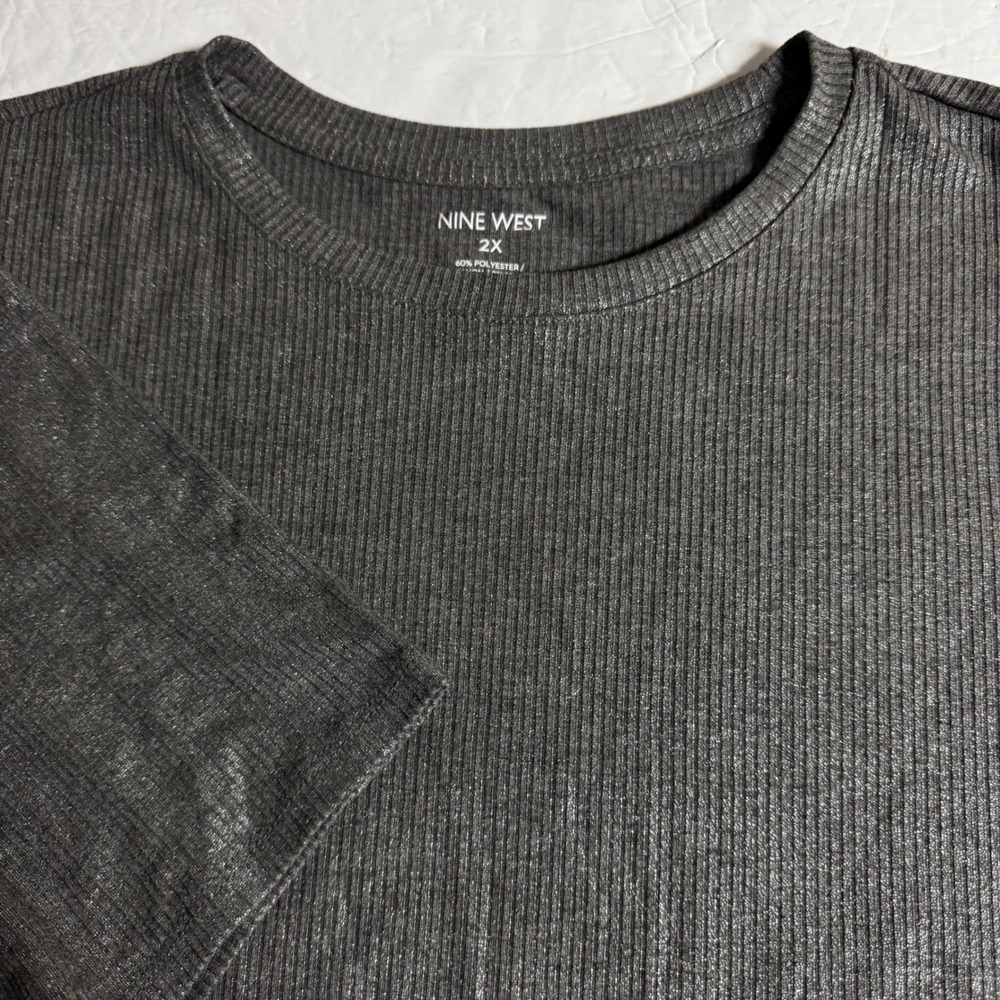Nine West Womens 2X Metallic Ribbed Knit Short Sleeve Top Charcoal Grey Silver